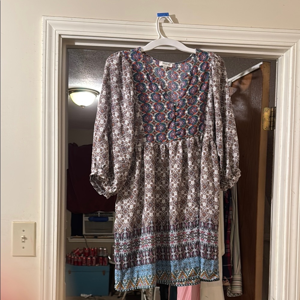 Umgee Gray and White Smocked Sundress with Puff Sleeves